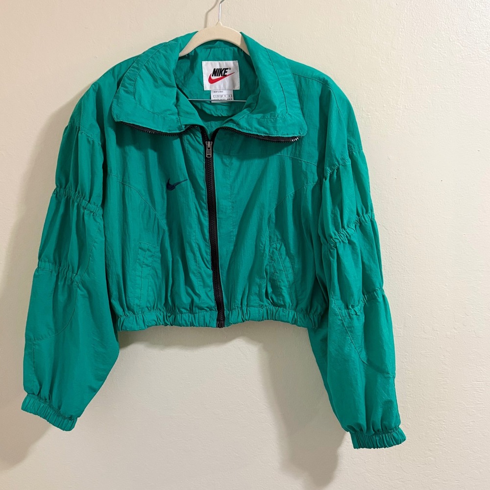 Nike Women Jacket Teal Vintage 90s Ruched Balloon Sleeve Cropped  embroidered